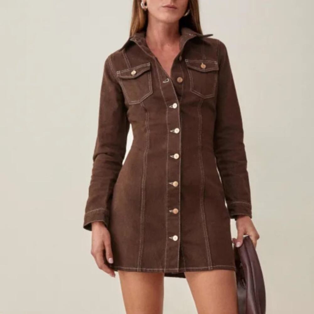 *NEW Reformation Newman Denim Mini Dress Cafe Brown Long Sleeve Women's Sz 4